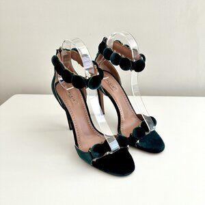 NEW ALAIA Bombe Dark Green Velvet Ankle Strap Studded Sandals Heels Size 38